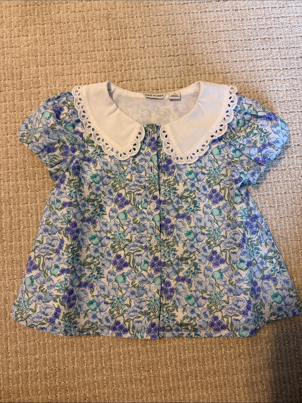 Janie and Jack Blue Floral Eyelet Collar Top 2T Button Short Sleeve